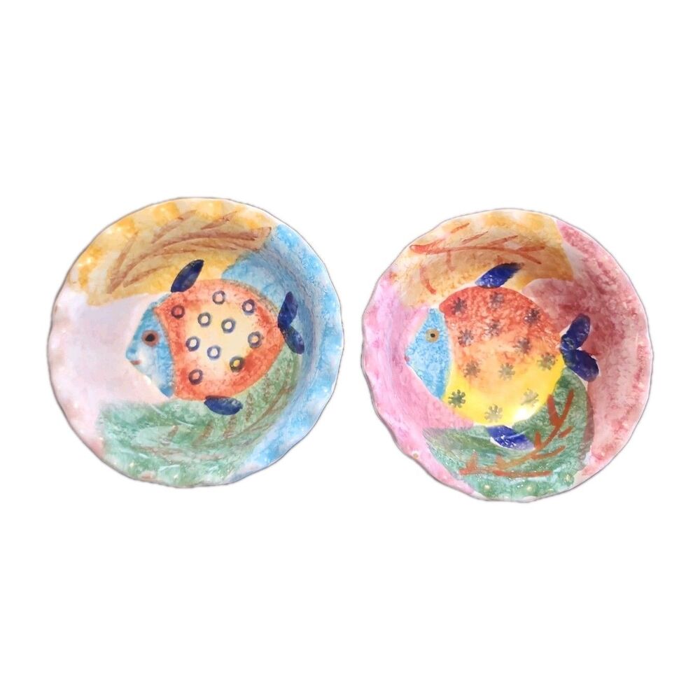 Hand Painted Italian Art Pottery Fish Bowls 2 Italy 6” Fluted Edge Multicolor